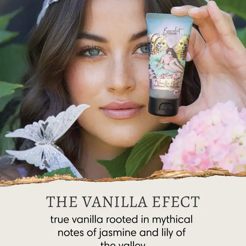 the vanilla effect mini hand repair on the go 1 oz with vintage graphic on label by canadian brand Barefoot Venus