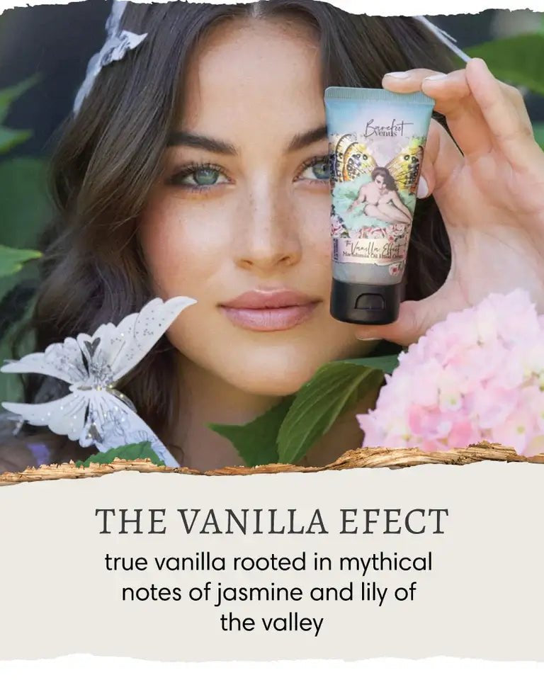 the vanilla effect mini hand repair on the go 1 oz with vintage graphic on label by canadian brand Barefoot Venus