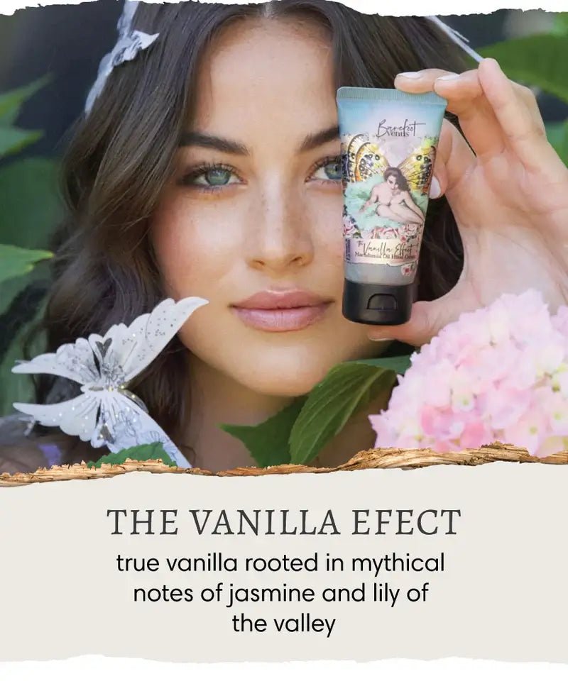 the vanilla effect mini hand repair on the go 1 oz with vintage graphic on label by canadian brand Barefoot Venus