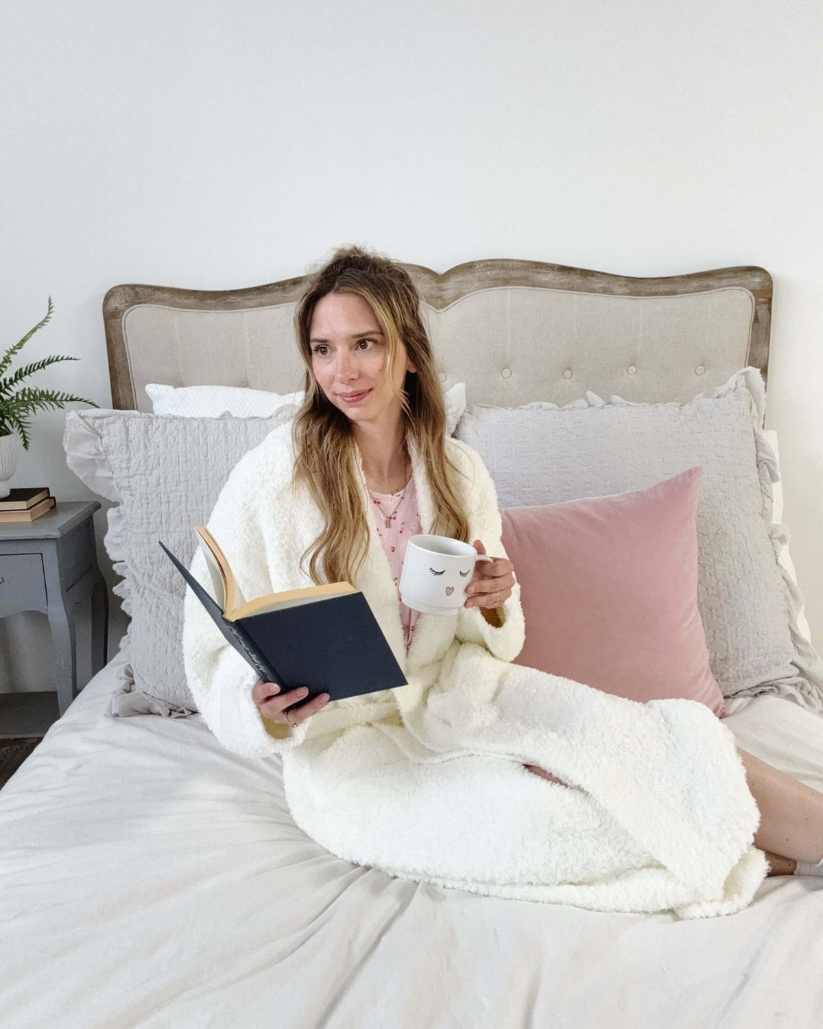 Lounge by Jan Marie Chenille Cloud Spa Robe Ivory front view on model — Cloud Nine Pajamas Edmonton