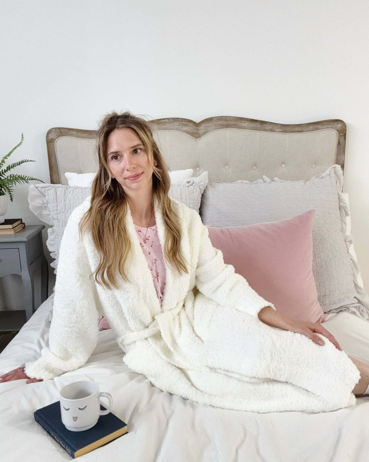 Lounge by Jan Marie Chenille Cloud Spa Robe Ivory model on bed lifestyle — Cloud Nine Pajamas Edmonton