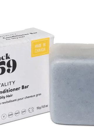 Jack59 Travel Buddies Conditioner Bar for oily hair in packaging, made in Canada, compact and eco-friendly.