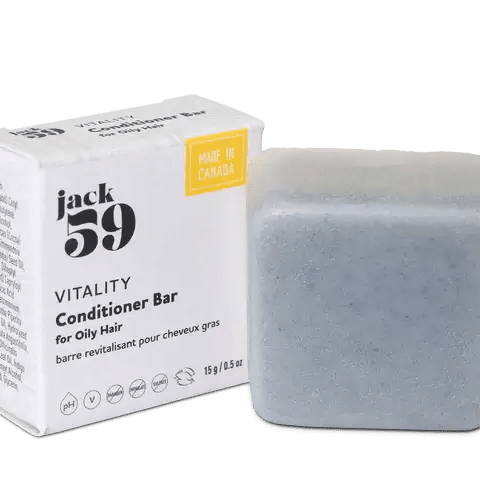 Jack59 Travel Buddies Conditioner Bar for oily hair in packaging, made in Canada, compact and eco-friendly.