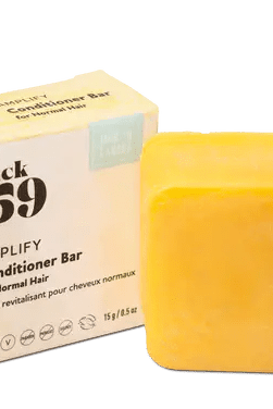 Jack59 Travel Buddies Conditioner Bar packaging and solid yellow bar for normal hair.