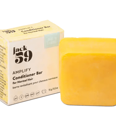 Jack59 Travel Buddies Conditioner Bar packaging and solid yellow bar for normal hair.