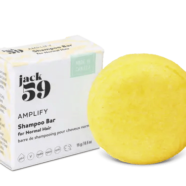 Jack59 Travel Buddies Shampoo Bar in bright yellow for normal hair, designed for travel convenience.