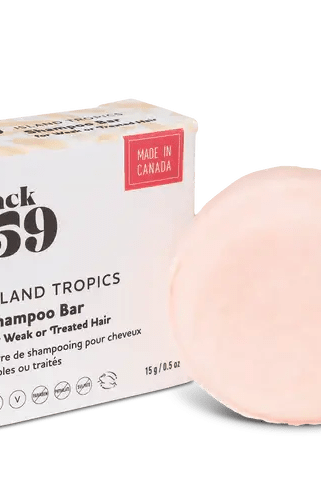 Jack59 Travel Buddies Shampoo Bar in Island Tropics for weak or treated hair, featuring a pink solid bar and eco-friendly packaging.