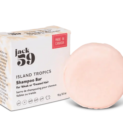 Jack59 Travel Buddies Shampoo Bar in Island Tropics for weak or treated hair, featuring a pink solid bar and eco-friendly packaging.