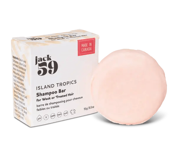 Jack59 Travel Buddies Shampoo Bar in Island Tropics for weak or treated hair, featuring a pink solid bar and eco-friendly packaging.