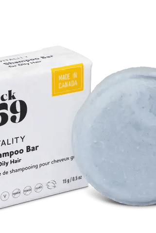 Jack59 Travel Buddies Shampoo Bar for oily hair in a packaging box, made in Canada.