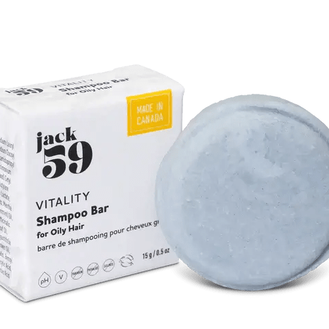 Jack59 Travel Buddies Shampoo Bar for oily hair in a packaging box, made in Canada.