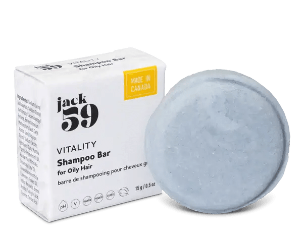 Jack59 Travel Buddies Shampoo Bar for oily hair in a packaging box, made in Canada.