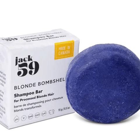 Jack59 Travel Buddies Shampoo Bar in blonde bombshell formula for processed blonde hair, eco-friendly packaging.