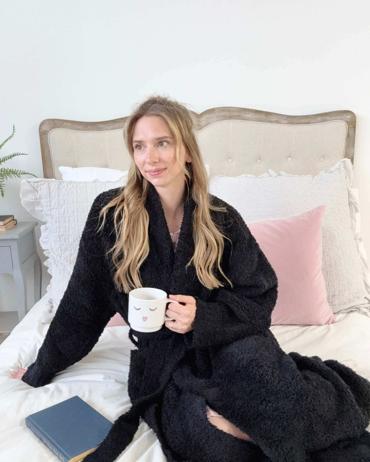 Lounge by Jan Marie Chenille Cloud Spa Robe Jet Black front view on model — Cloud Nine Pajamas Edmonton
