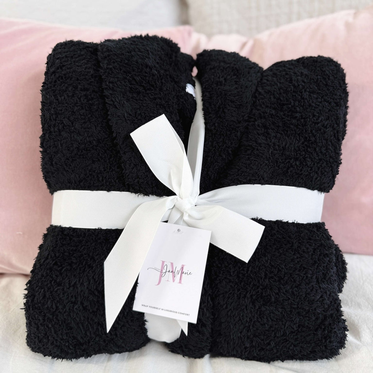 Black Chenille Cloud Spa Robe | Cozy Plush Lounge shown wrapped in ribbon