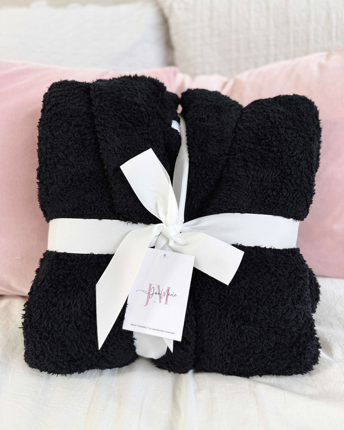 Lounge by Jan Marie Chenille Cloud Spa Robe Jet Black gift wrapped with ribbon — Cloud Nine Pajamas Edmonton