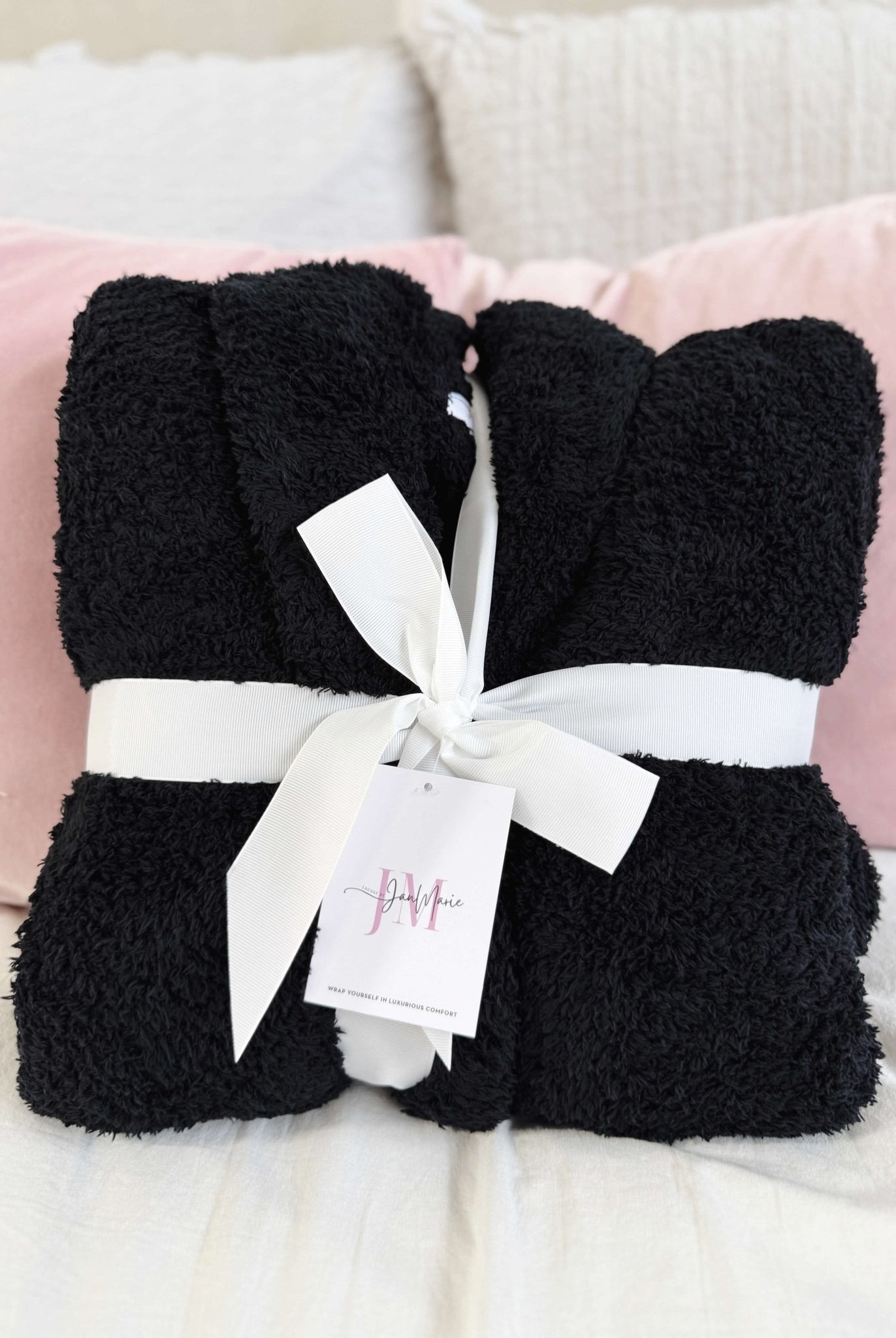 Black Chenille Cloud Spa Robe | Cozy Plush Lounge shown wrapped in ribbon