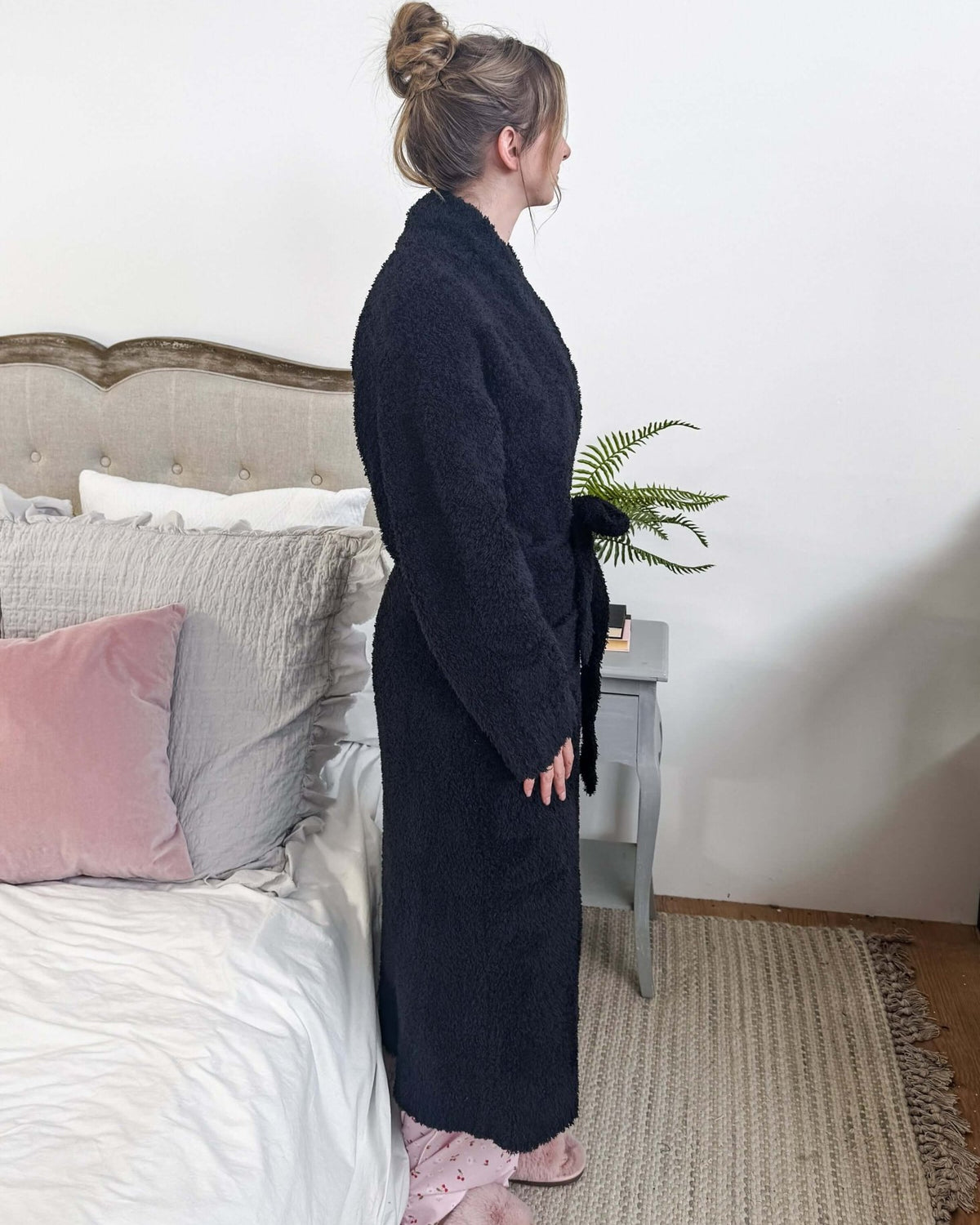Lounge by Jan Marie Chenille Cloud Spa Robe Jet Black side view showing length — Cloud Nine Pajamas Edmonton