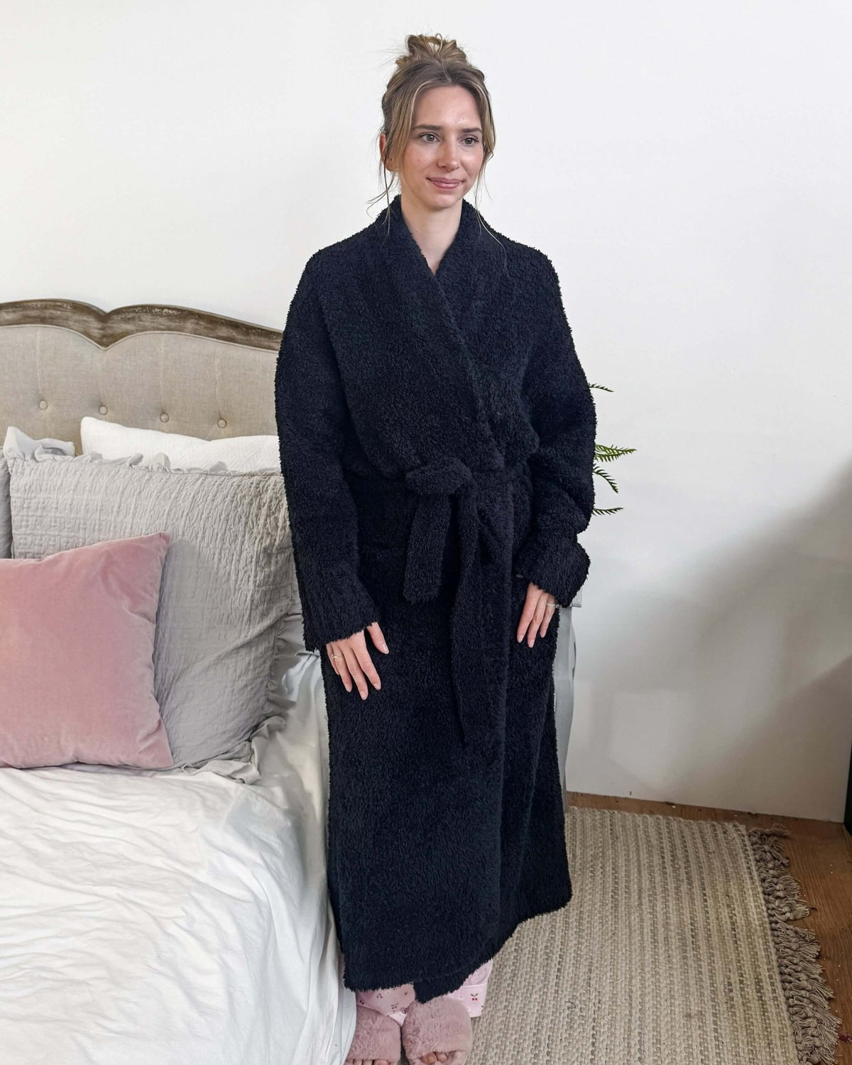 Lounge by Jan Marie Chenille Cloud Spa Robe Jet Black full length standing — Cloud Nine Pajamas Edmonton