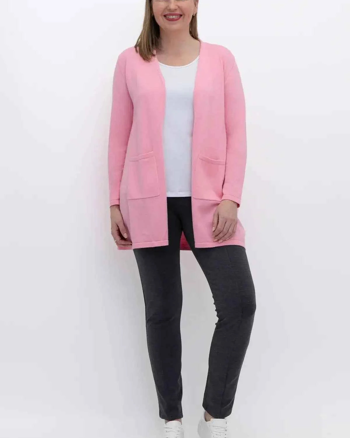 Justine Cotton Cardigan – Longline Open-Front Sweater with Pockets