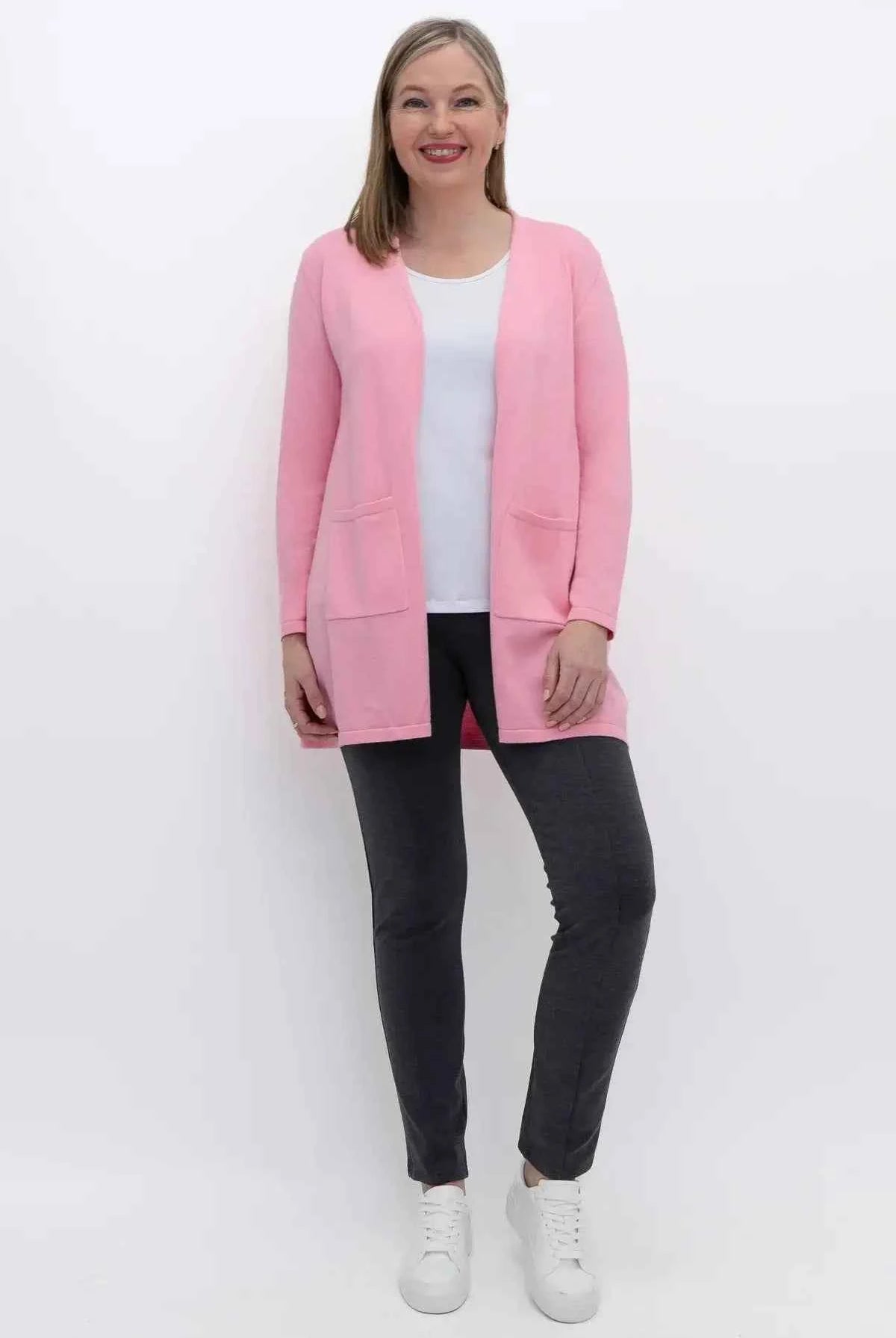 Justine Cotton Cardigan – Longline Open-Front Sweater with Pockets