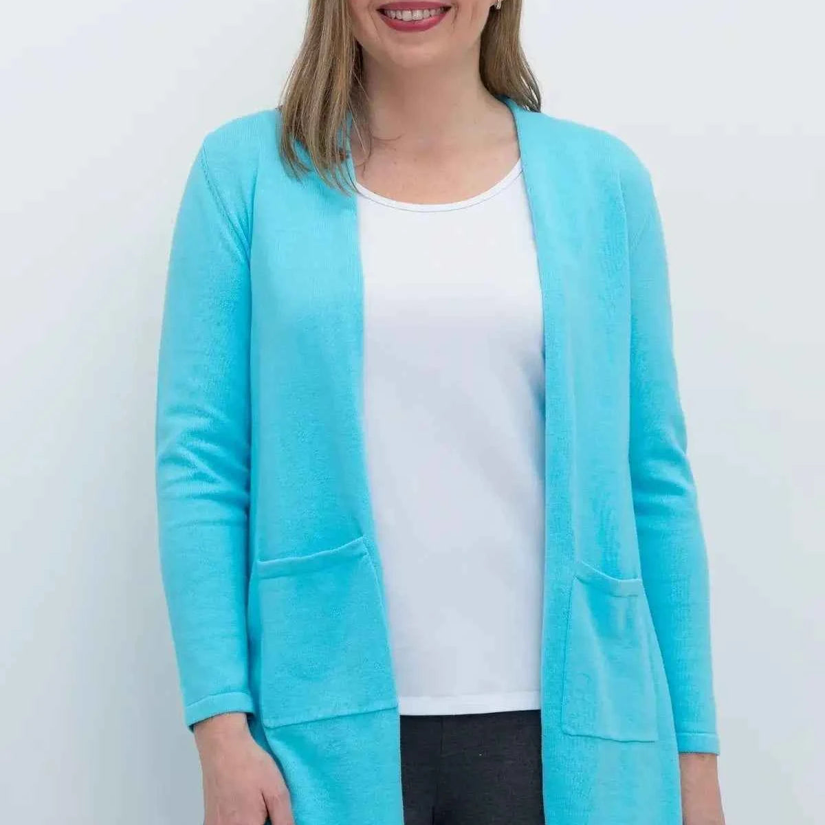 Justine Cotton Cardigan – Longline Open-Front Sweater with Pockets