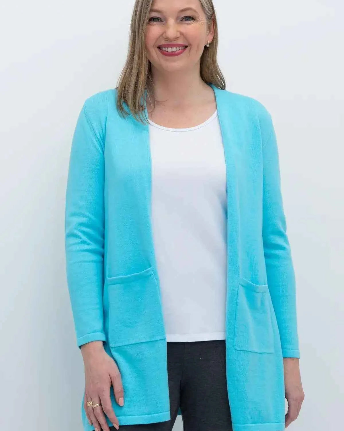 Justine Cotton Cardigan – Longline Open-Front Sweater with Pockets