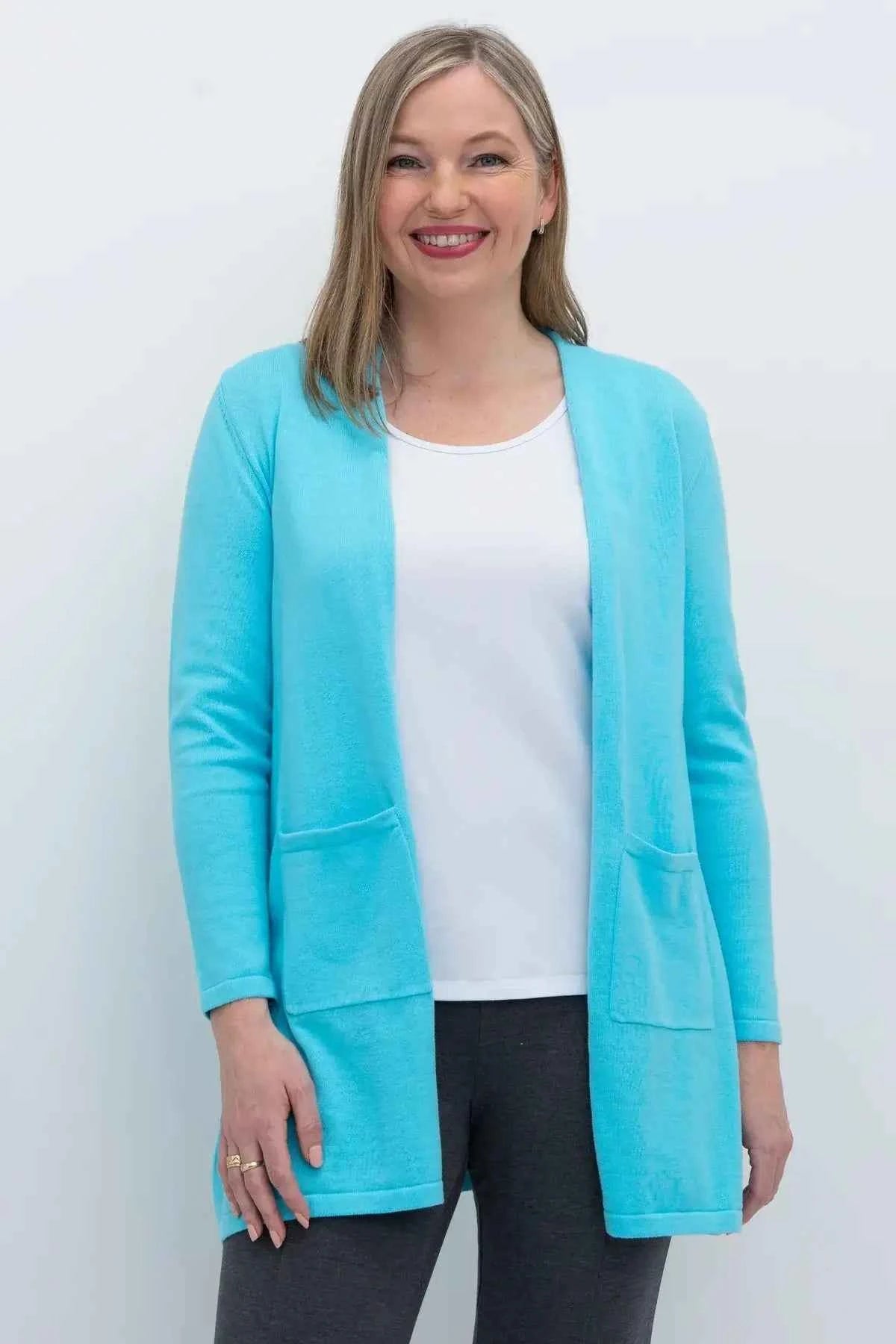 Justine Cotton Cardigan – Longline Open-Front Sweater with Pockets