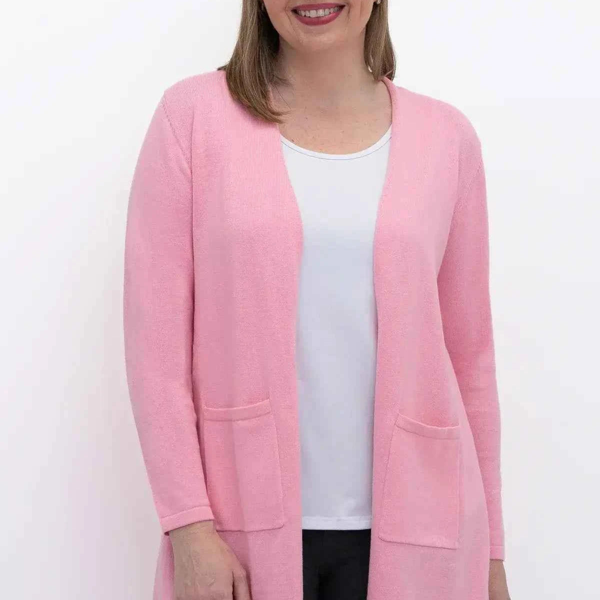 Justine Cotton Cardigan – Longline Open-Front Sweater with Pockets