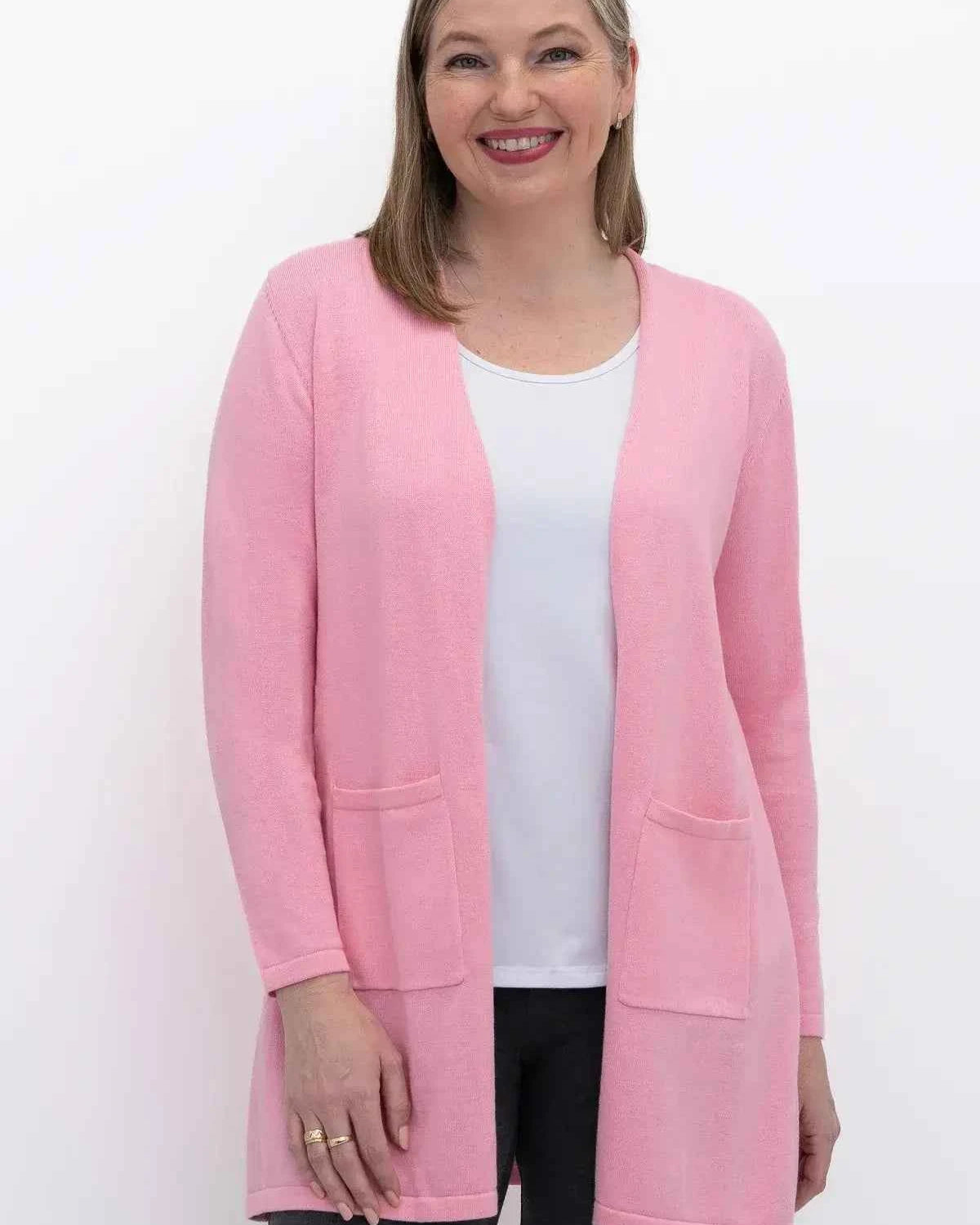 Justine Cotton Cardigan – Longline Open-Front Sweater with Pockets