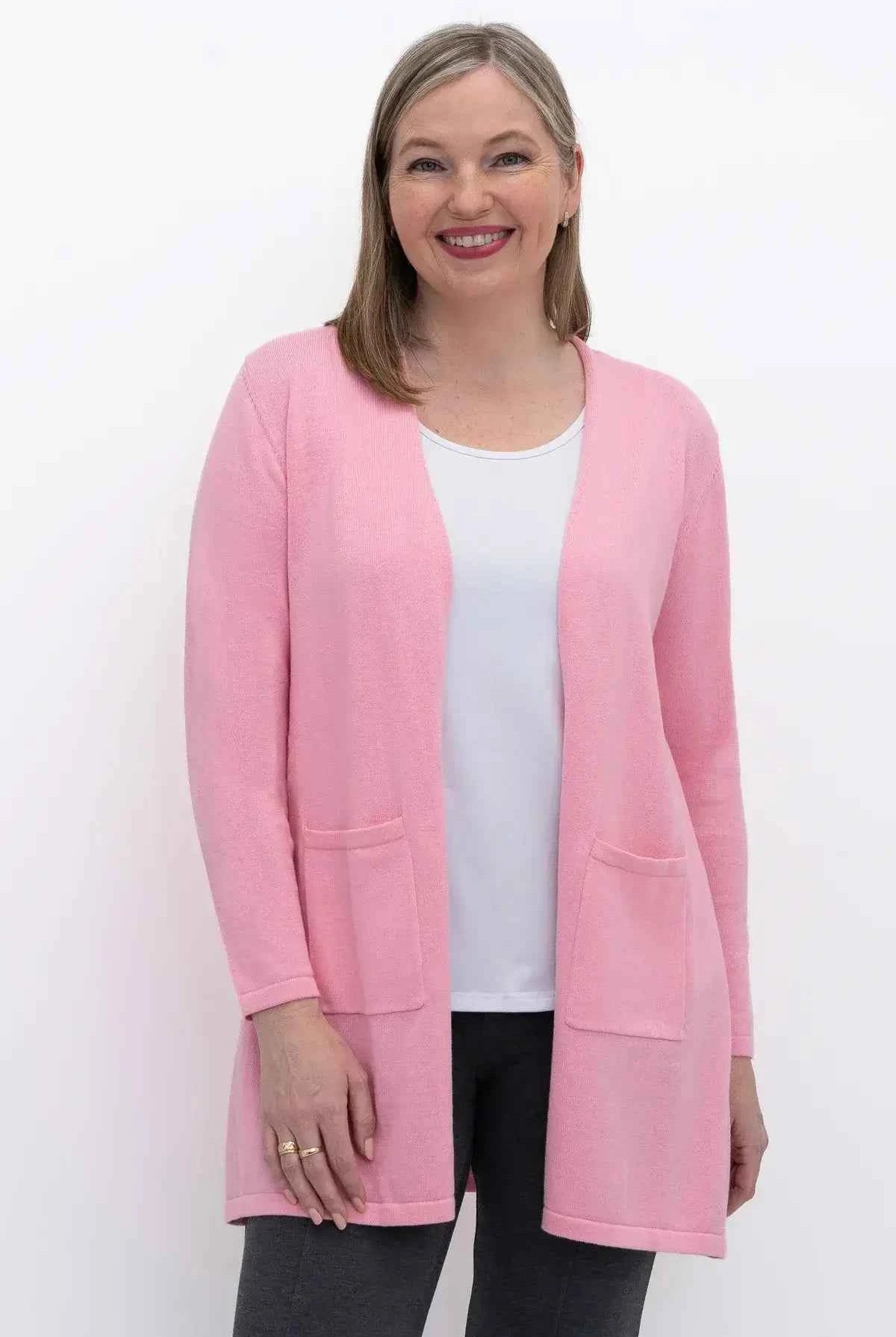 Justine Cotton Cardigan – Longline Open-Front Sweater with Pockets