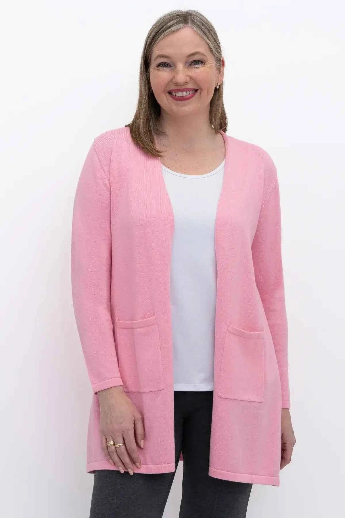 Justine Cotton Cardigan – Longline Open-Front Sweater with Pockets