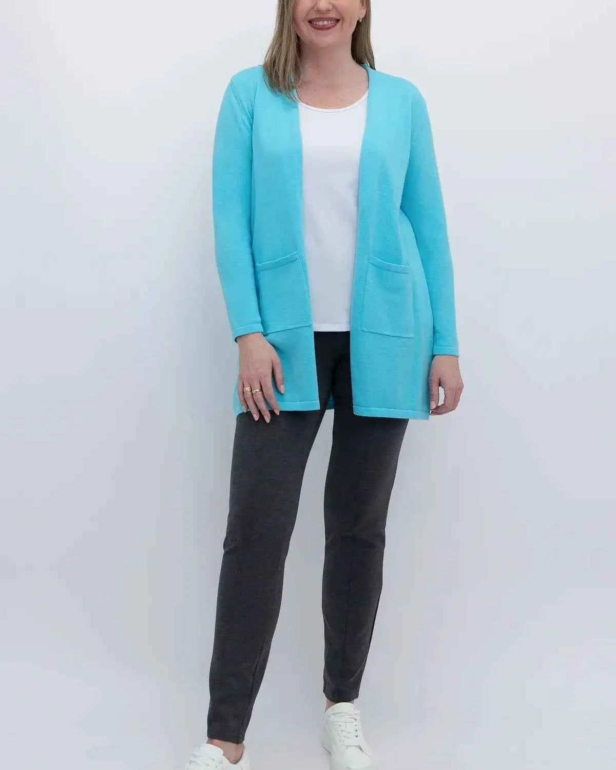 Justine Cotton Cardigan – Longline Open-Front Sweater with Pockets