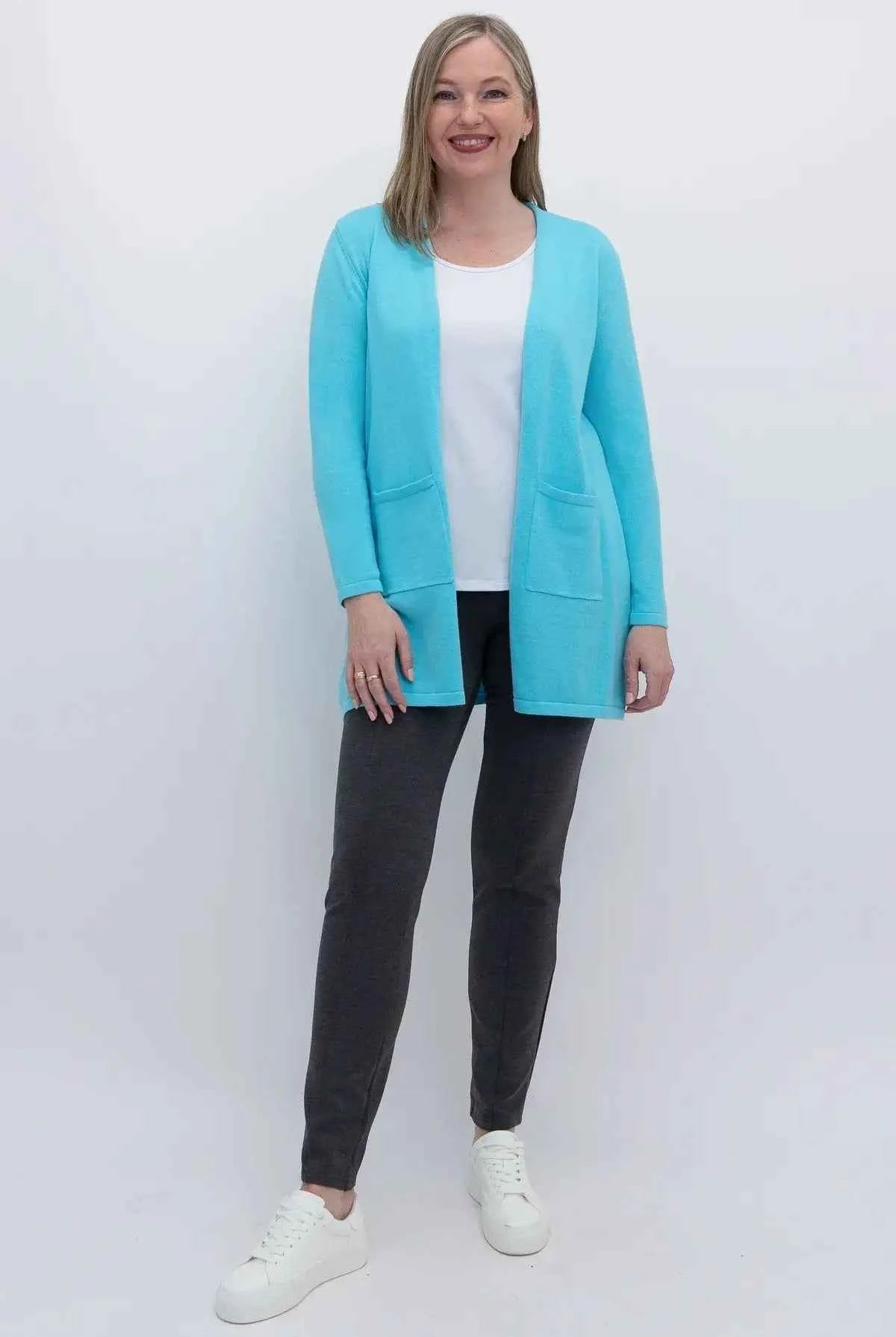 Justine Cotton Cardigan – Longline Open-Front Sweater with Pockets