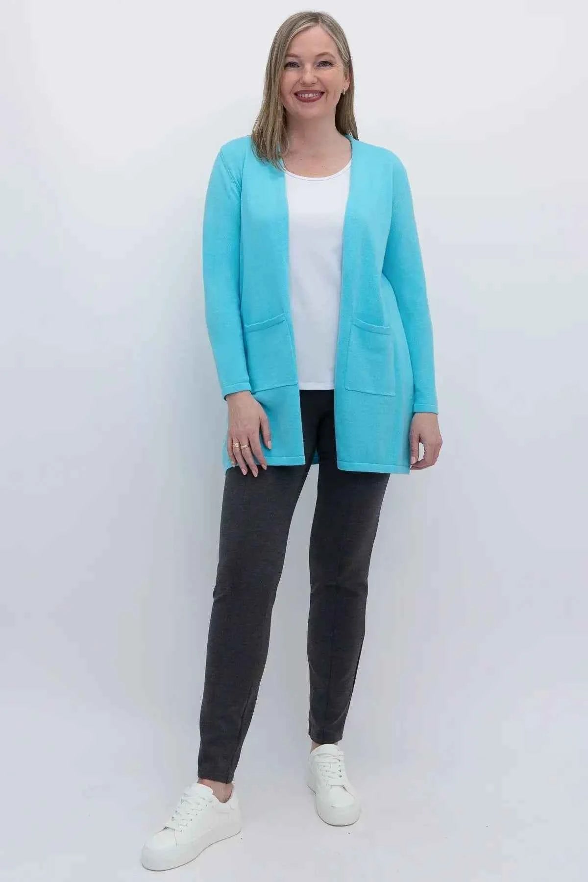 Justine Cotton Cardigan – Longline Open-Front Sweater with Pockets