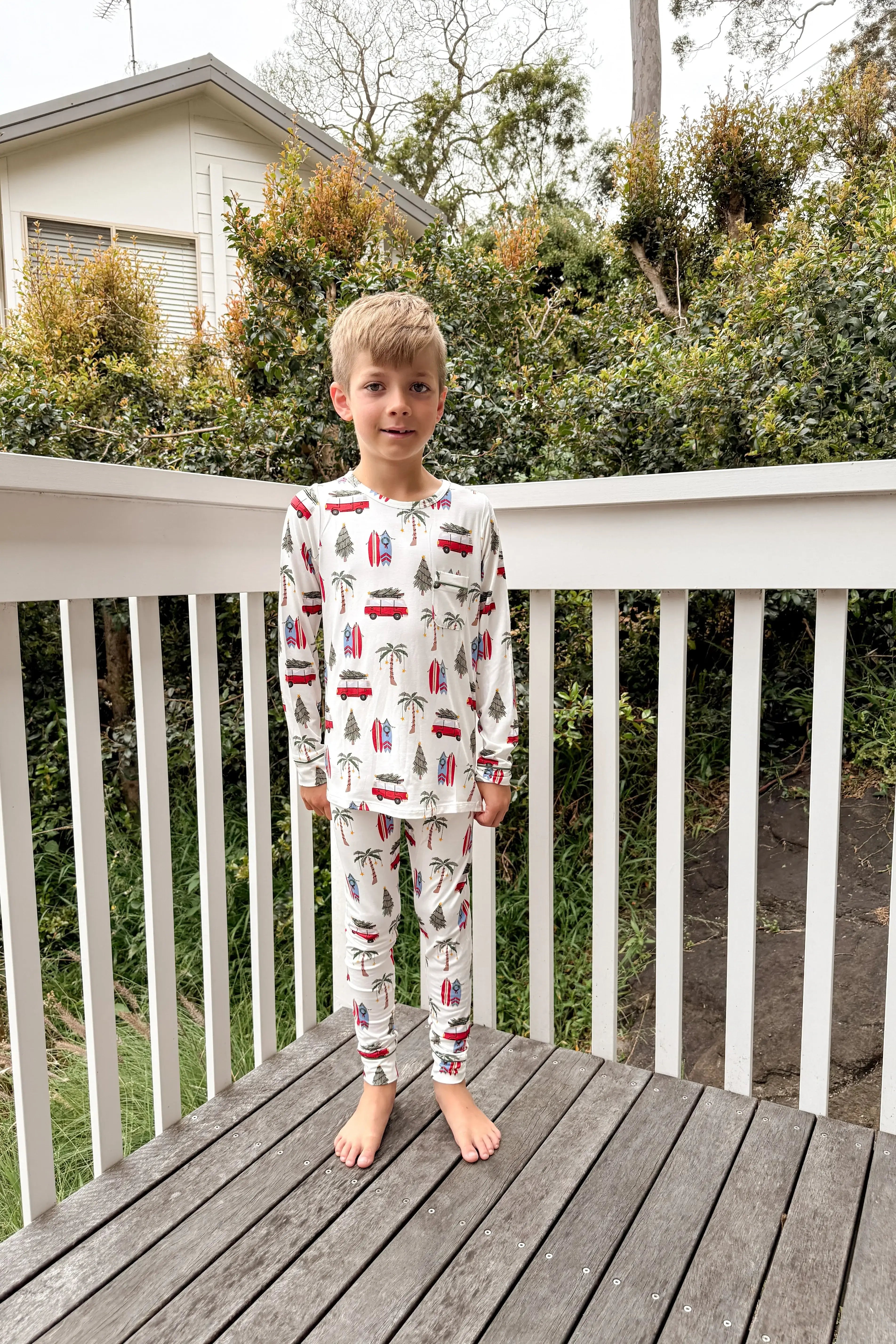 kids matching pj set in bamboo beachy cali christmas print from bambi and birdie