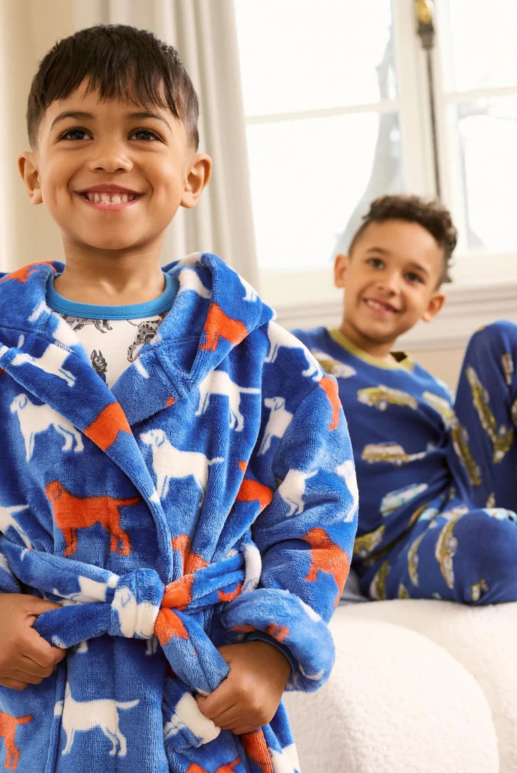 Hatley Kids Fleece Robe Dogs print blue hooded wrap robe — Cloud Nine Pajamas Edmonton