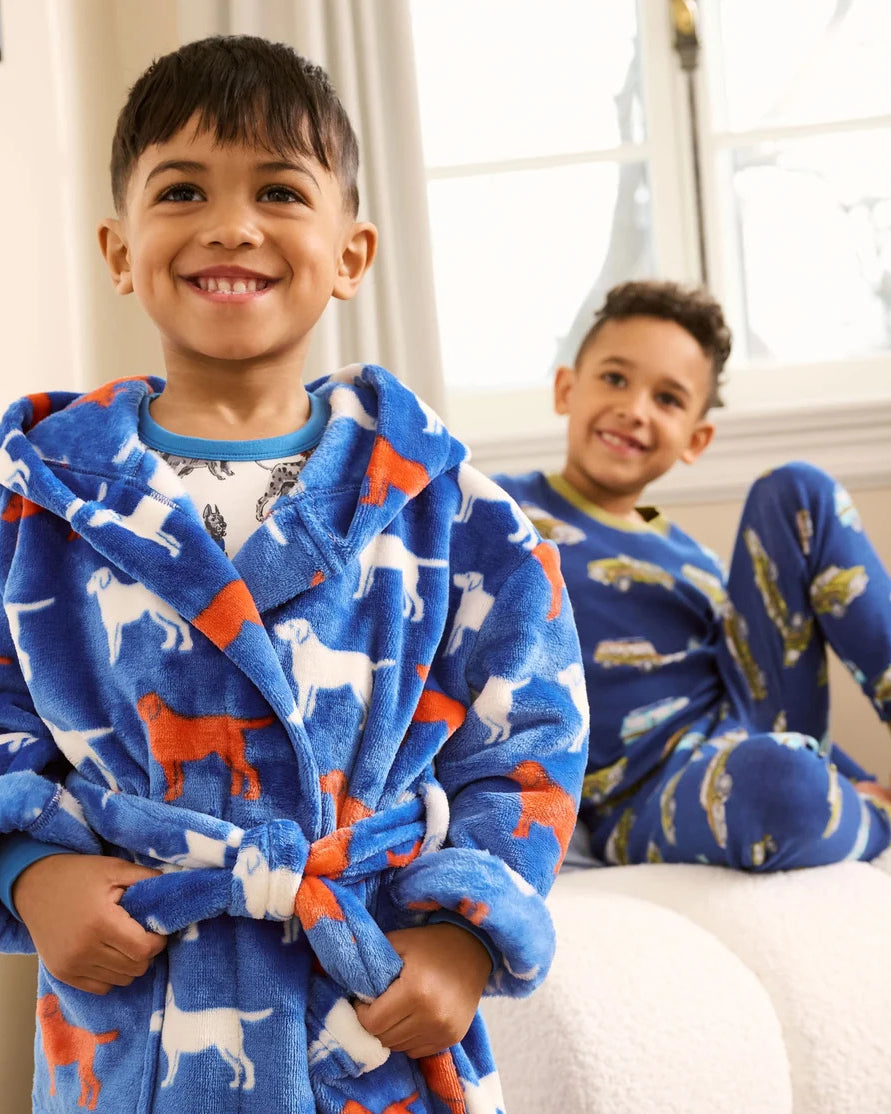 Hatley Kids Fleece Robe Dogs print blue hooded wrap robe — Cloud Nine Pajamas Edmonton