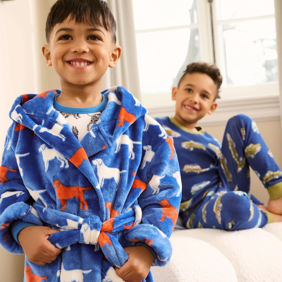 Hatley Kids Fleece Robe Dogs print blue hooded wrap robe — Cloud Nine Pajamas Edmonton