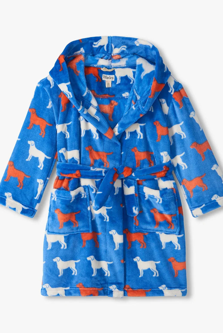 Hatley Kids Fleece Robe Dogs blue detail patch pockets and belt — Cloud Nine Pajamas