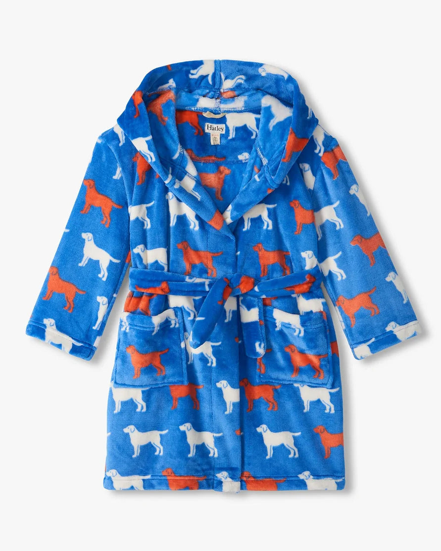 Hatley Kids Fleece Robe Dogs blue detail patch pockets and belt — Cloud Nine Pajamas