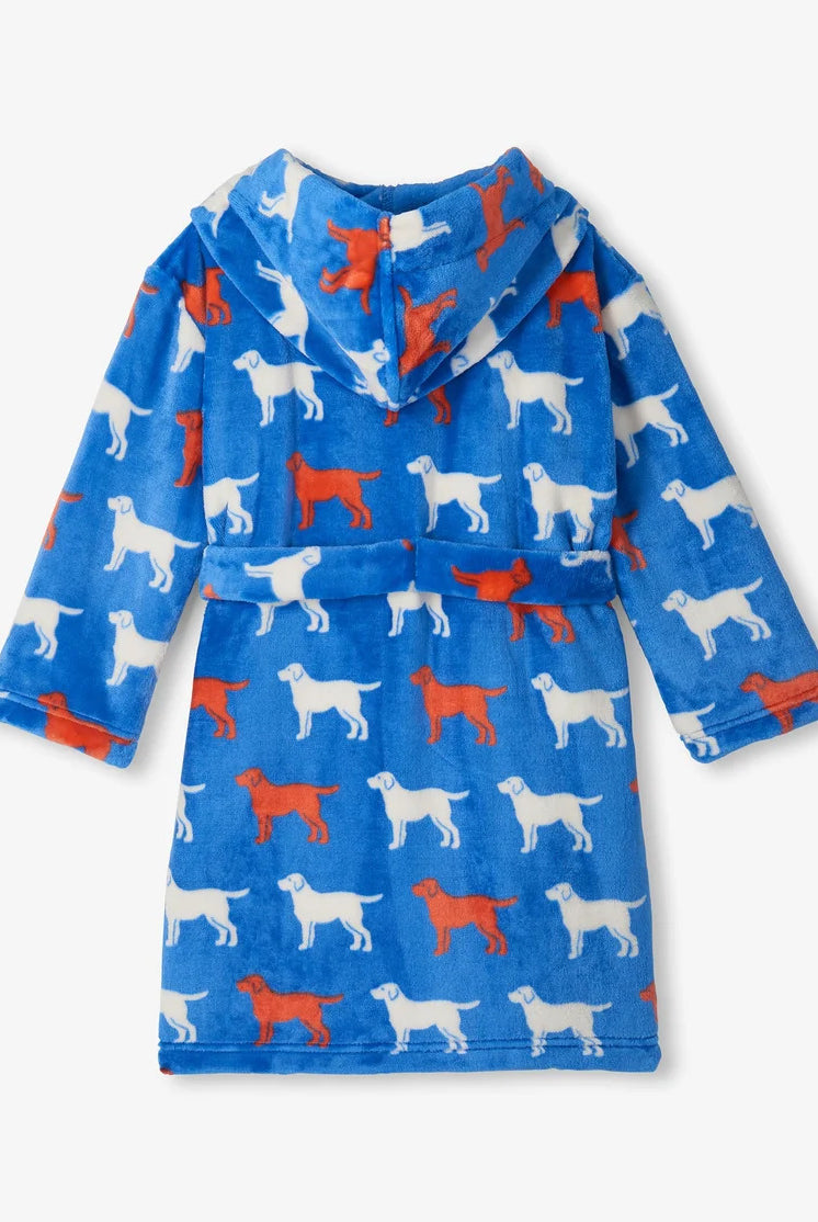 Hatley Kids Fleece Robe Dogs blue hood and sleeve detail — Cloud Nine Pajamas