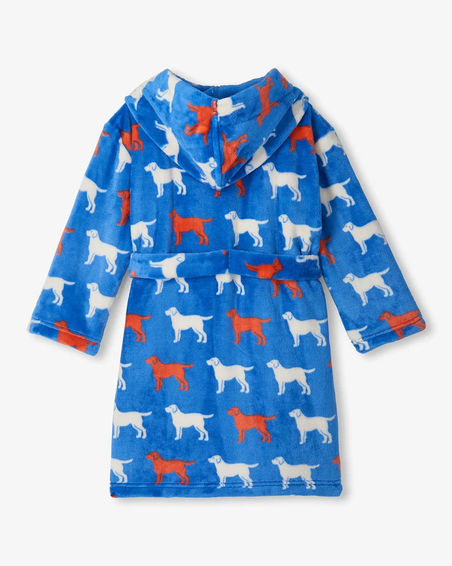 Hatley Kids Fleece Robe Dogs blue hood and sleeve detail — Cloud Nine Pajamas