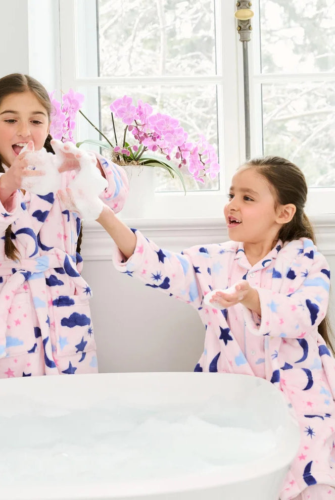 Hatley Kids Fleece Robe Night Sky print pink hooded wrap robe — Cloud Nine Pajamas Edmonton