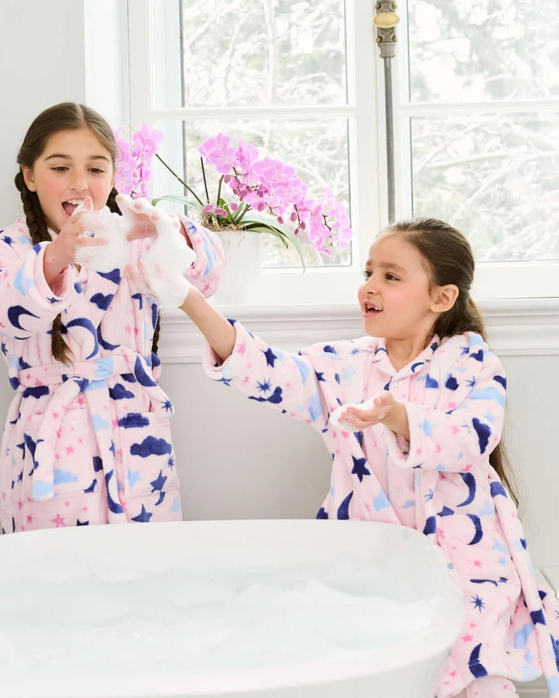 Hatley Kids Fleece Robe Night Sky print pink hooded wrap robe — Cloud Nine Pajamas Edmonton