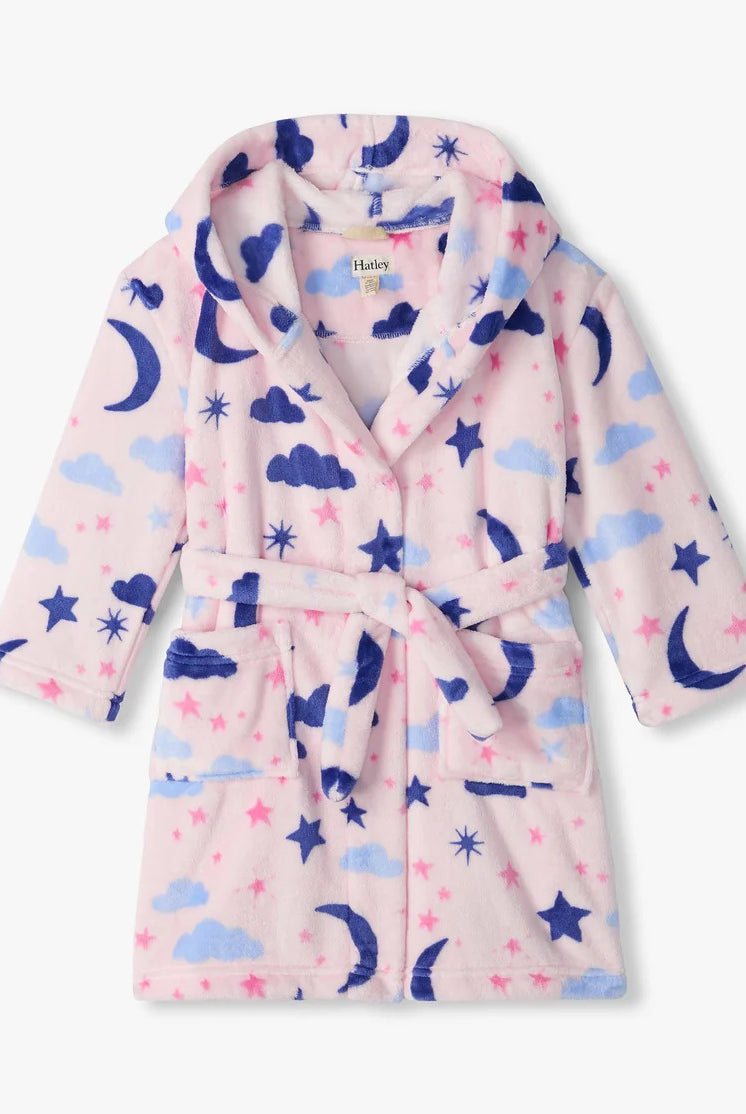 Hatley Kids Fleece Robe Night Sky pink detail patch pockets and belt — Cloud Nine Pajamas