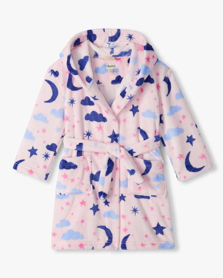 Hatley Kids Fleece Robe Night Sky pink detail patch pockets and belt — Cloud Nine Pajamas