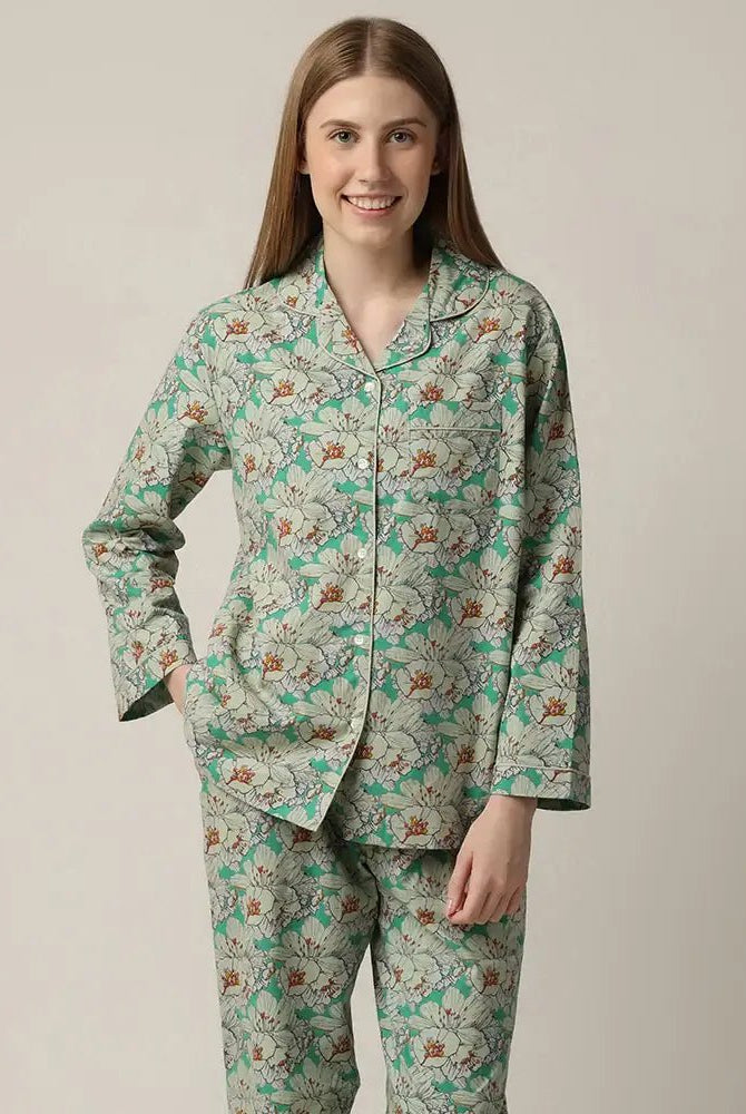 Kimberly Floral Print Button-Down Cotton Pajama Set woman's green floral print button up pajama set with straight leg in 100% cotton by mahogany