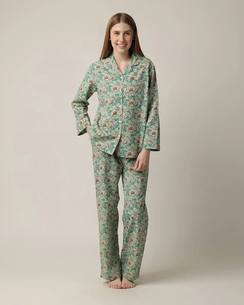 woman's green floral print button up pajama set with straight leg in 100% cotton