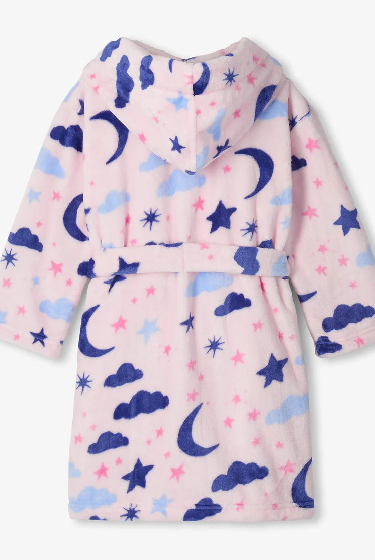 Hatley Kids Fleece Robe Night Sky pink hood detail — Cloud Nine Pajamas